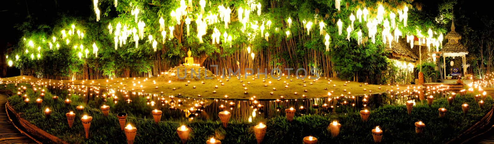 Panorama view Yee Peng Lighting Loy Krathong in phan Tao temple, by Surasak