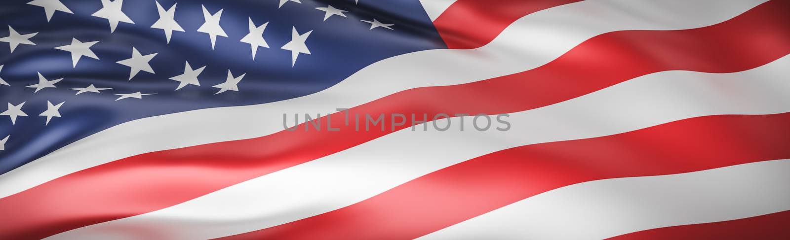 Beautiful American Flag Wave Close Up for Memorial Day or 4th of July on banner background with copy space.,3d model and illustration.