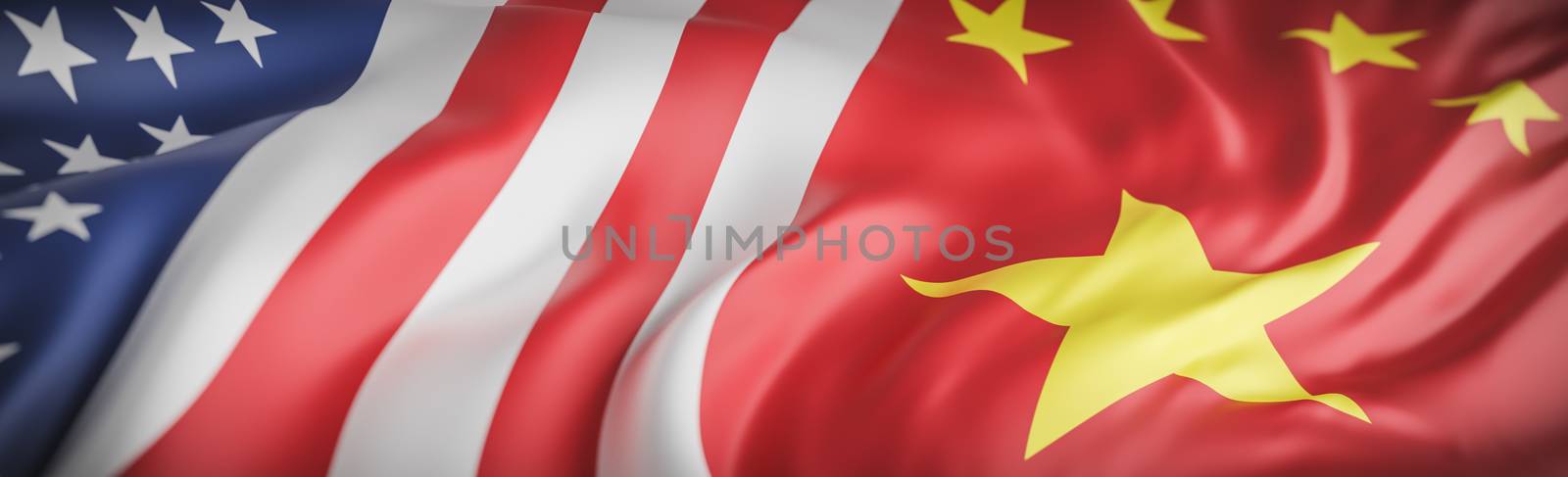 Beautiful American and china Flag Wave Close Up on banner background with copy space.,joining together concept.,3d model and illustration. by anotestocker