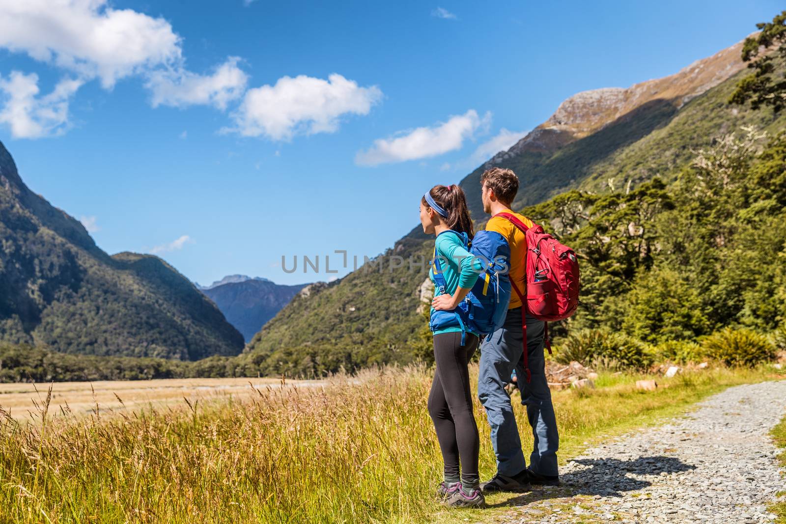 New Zealand hikers backpackers tramping on Routeburn Track, famous trail in the South Island of New Zealand. Couple looking at nature landscape. Fiordland & Mount Aspiring National Park, New Zealand by Maridav