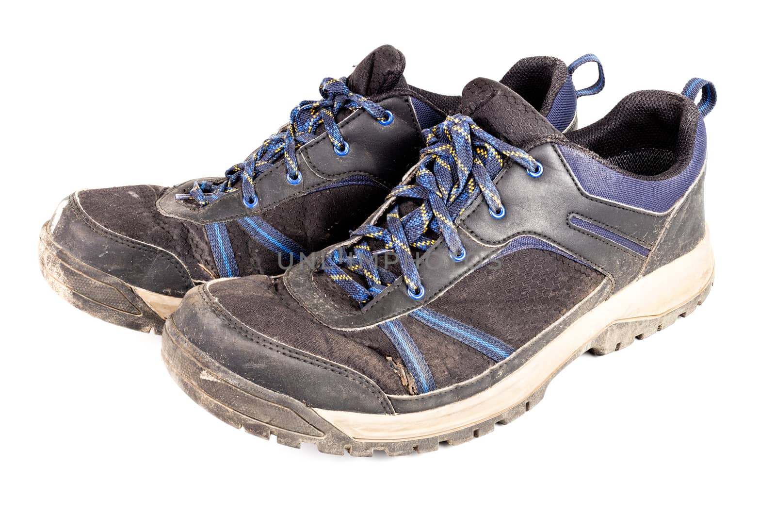 dirty used worn out black and blue outdoor empty clean lightweight waterproof sneakers isolated on white background