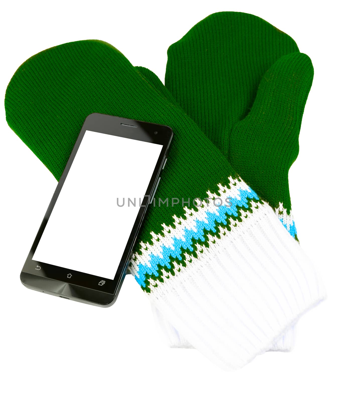 green and white knited mittens with cellphone isolated on white background.