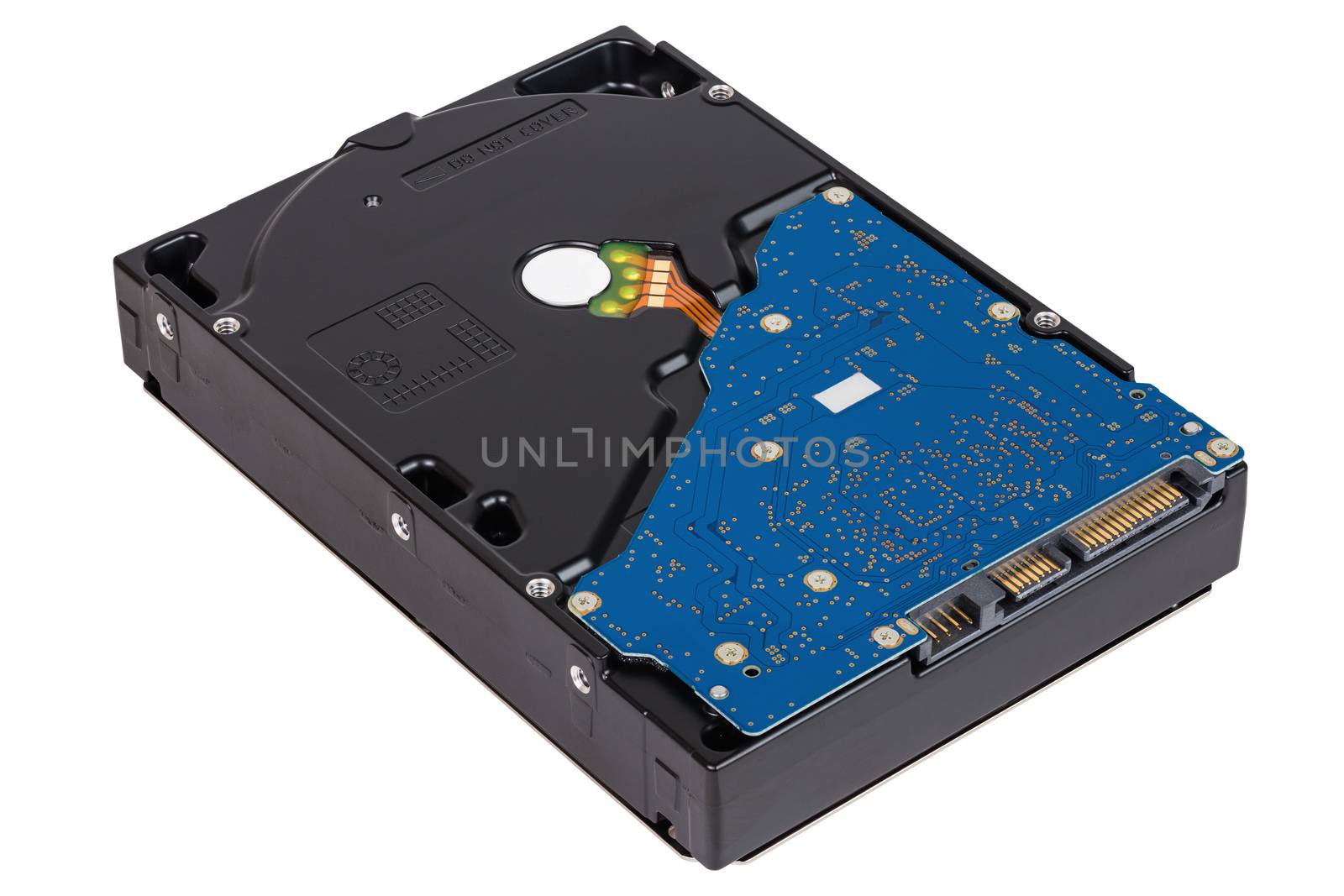 a modern high capacity 8 terabyte mechanical hard disk drive unit isolated on white background - in isometric diagonal composition, inverted, bottom up