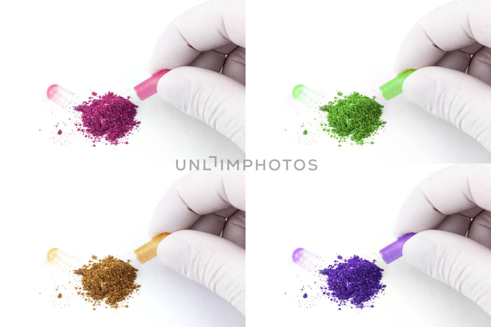 hand in medical glove opening colored organic med capsule isolated on white background closeup.