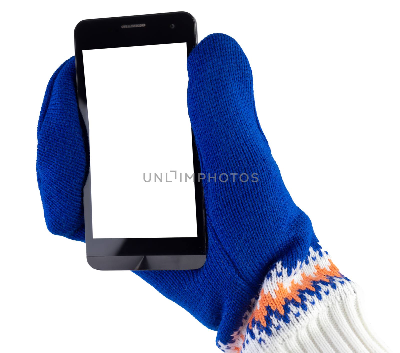 cellphone with white-blue mittens isolated on white background.