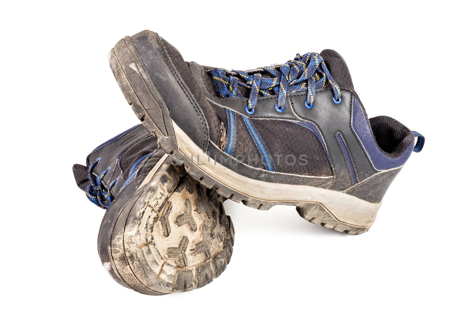 dirty used worn out black and blue outdoor empty clean lightweight waterproof sneakers isolated on white background