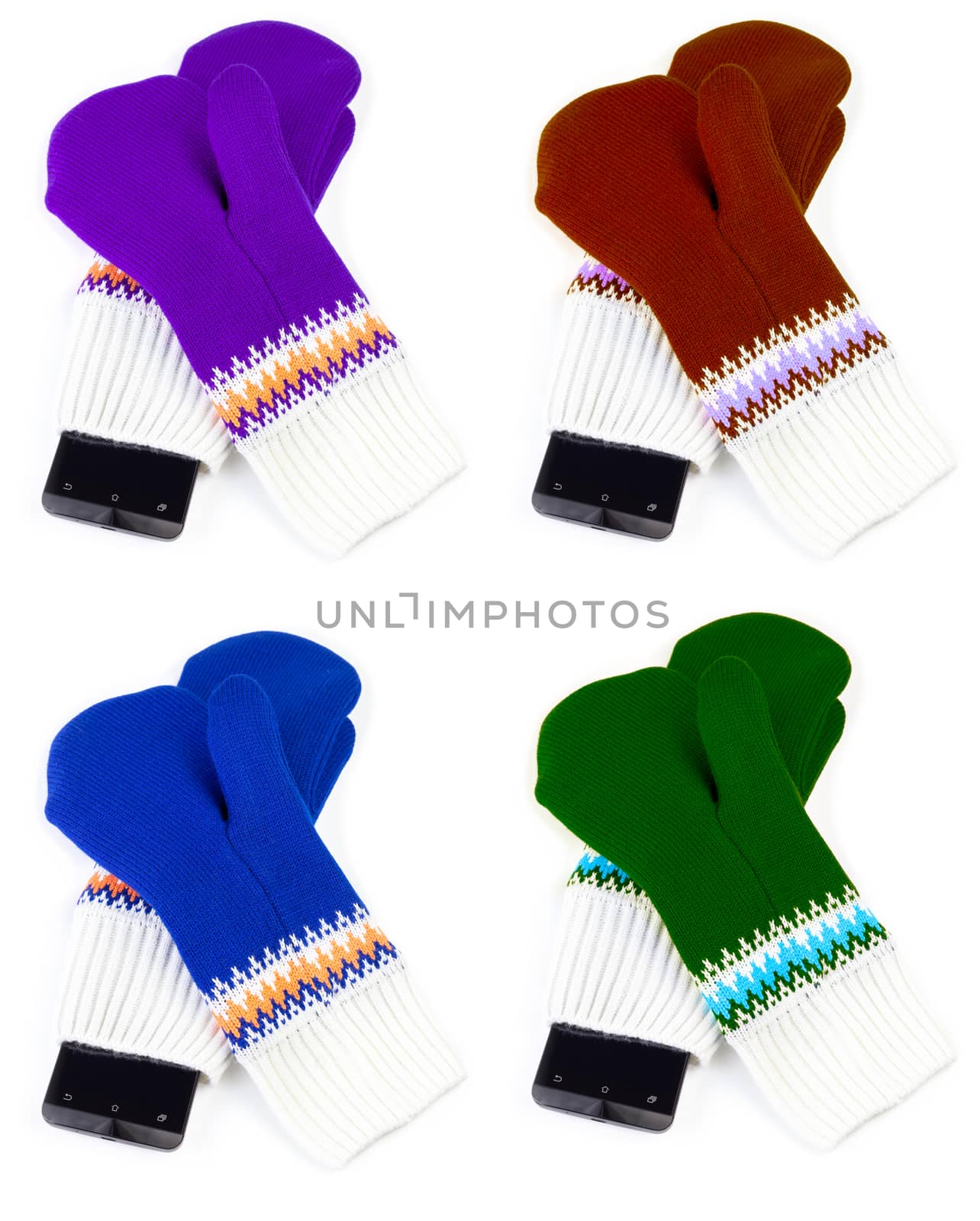 set of colored knited mittens with cellphone isolated on white background.