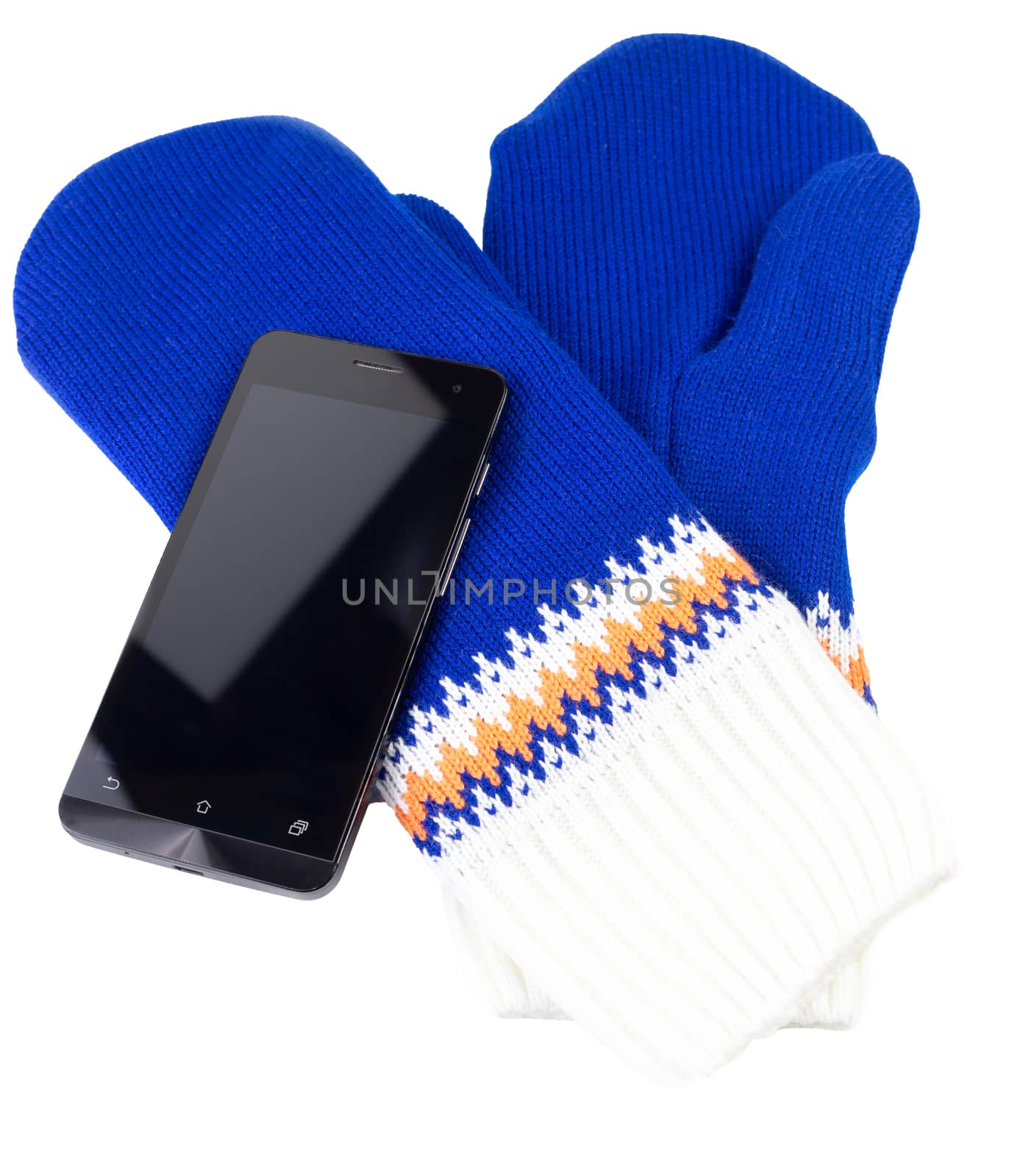 blue and white knited mittens with cellphone isolated on white background by z1b