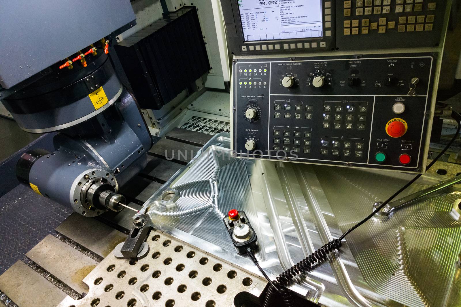 Measuring process with ruby touch probe on large CNC milling machine in jog mode.