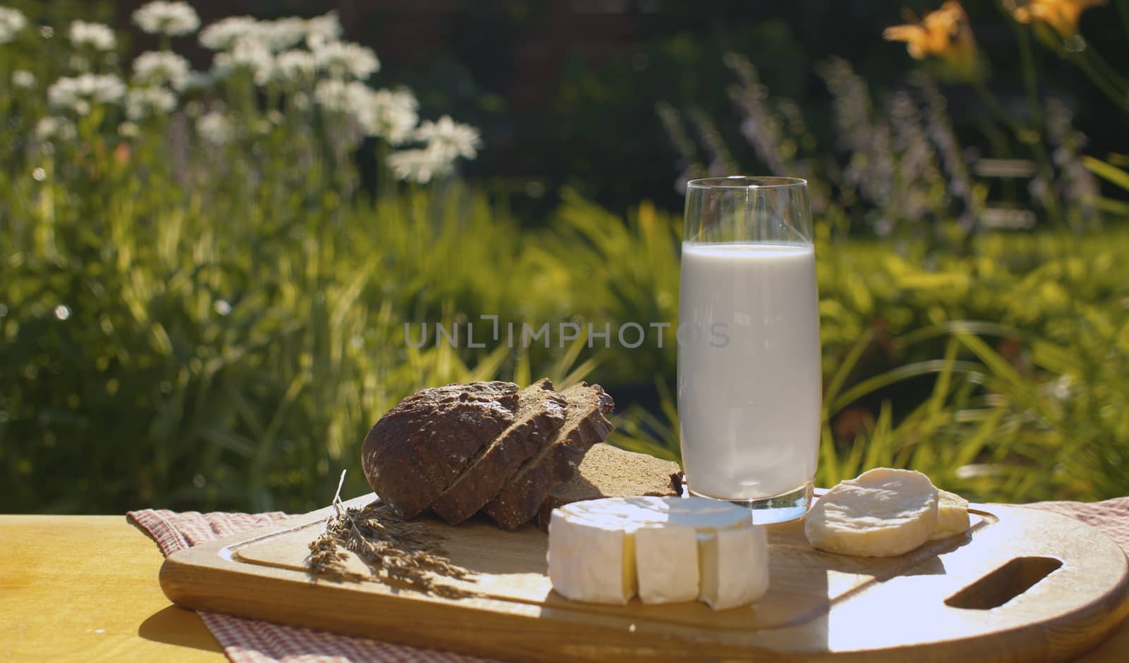Close-up of a glass of milk, bread and cheese on a wooden cutting board. Breakfast in the garden on a background of flowers