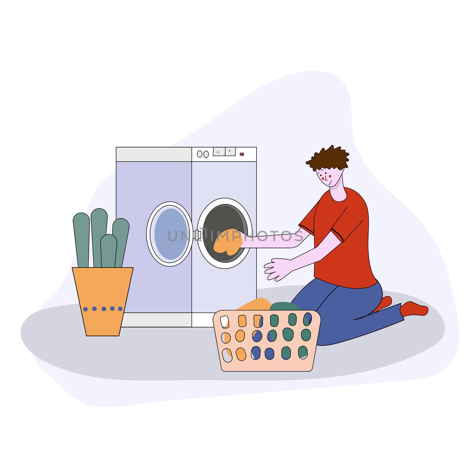 cartoon flat illustration - the guy in the blue dress with folded clothes in his hands next to a washing machine and detergent.
