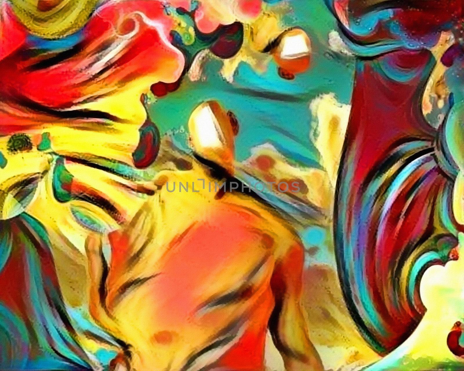 Complex abstract painting. Man with open door to another world. Entrance to another dimension