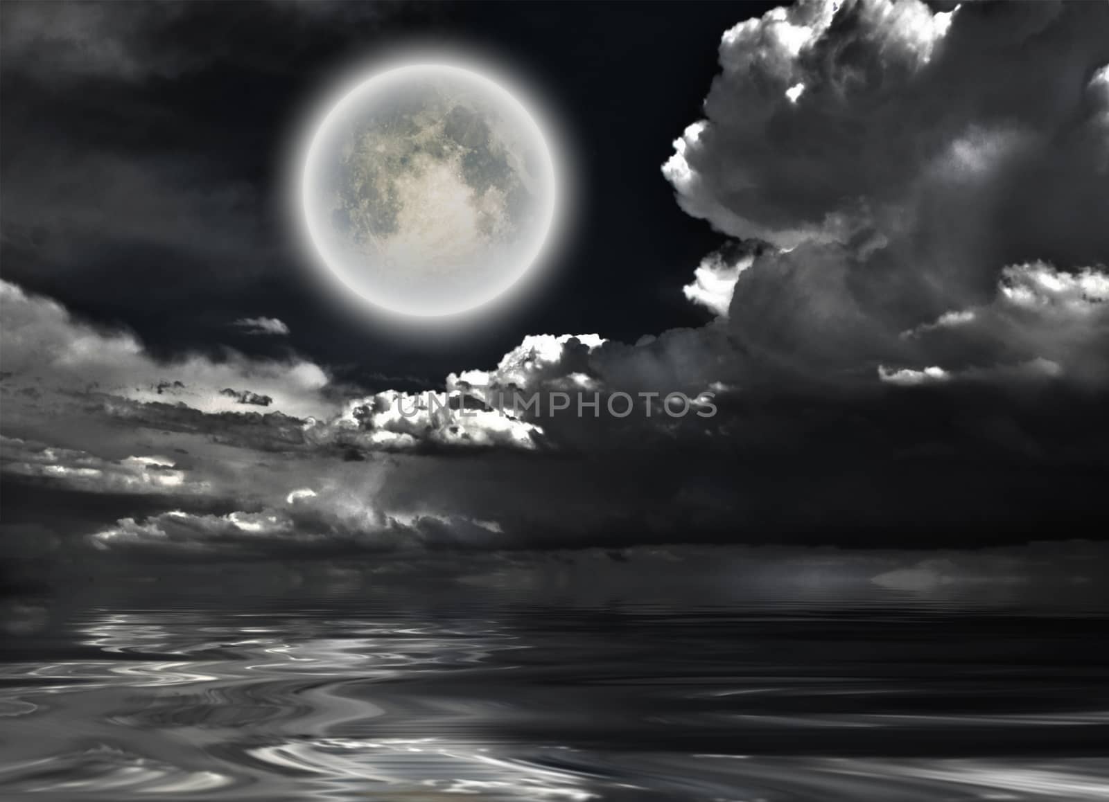 Full moon. Dramatic clouds reflected in calm water. 3D rendering
