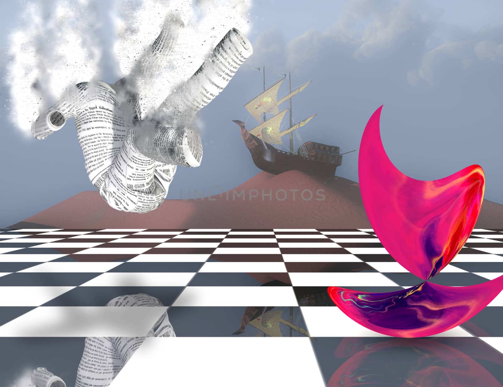 Surreal composition. Pink matter on chessboard, ancient ship on sand dune and falling paper man. Subconscious Dreams. Full moon. Dramatic clouds reflected in calm water. 3D rendering