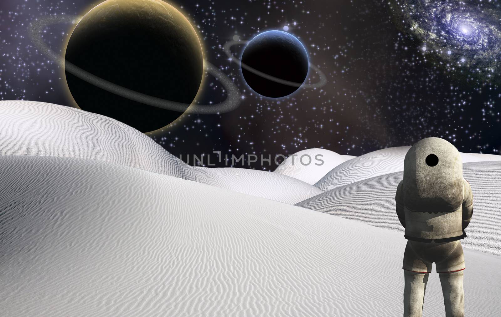 Space Visitor. Astronaut stands in surreal white desert. Big planets in starry sky