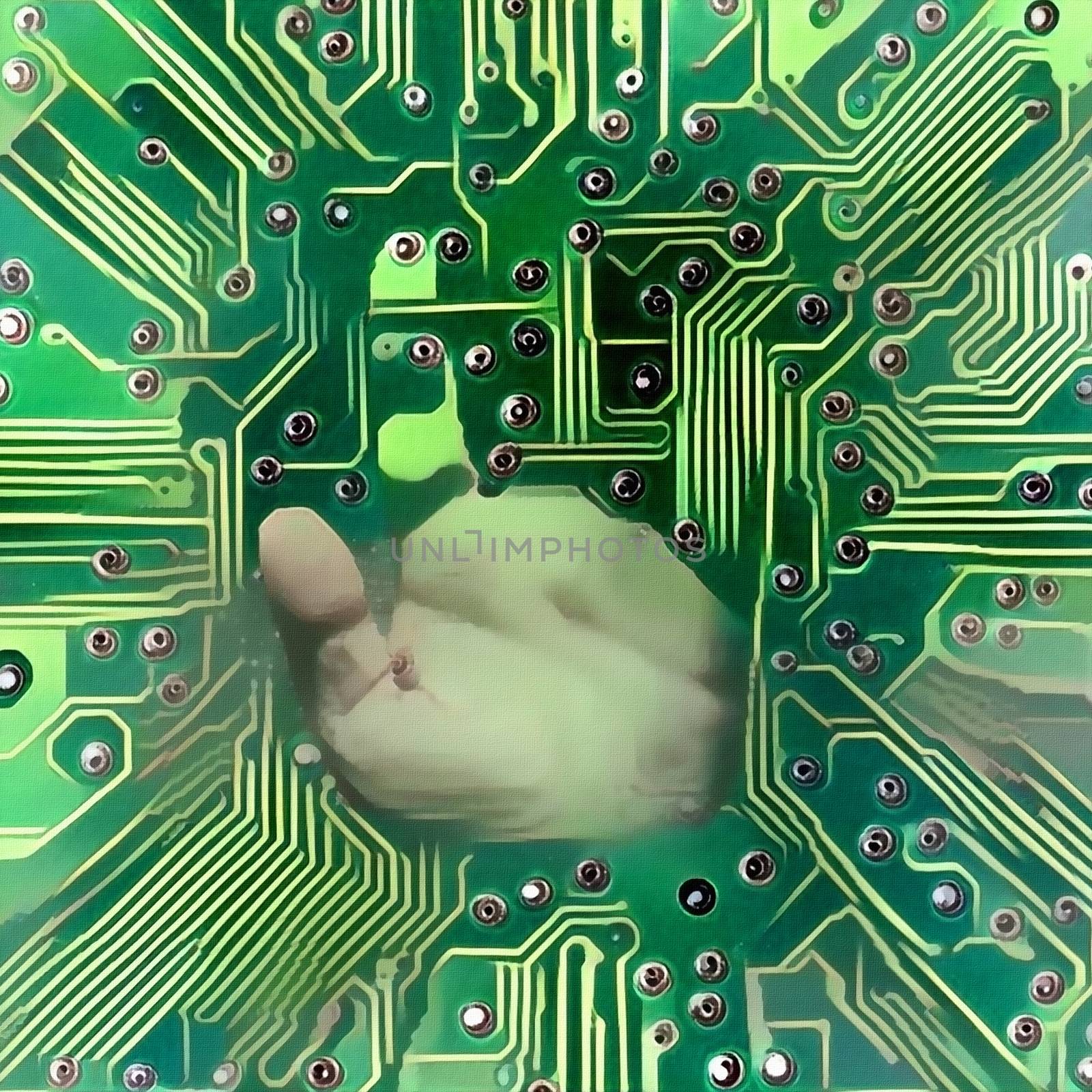 Digital hand. Modern art. Human palm on circuit board