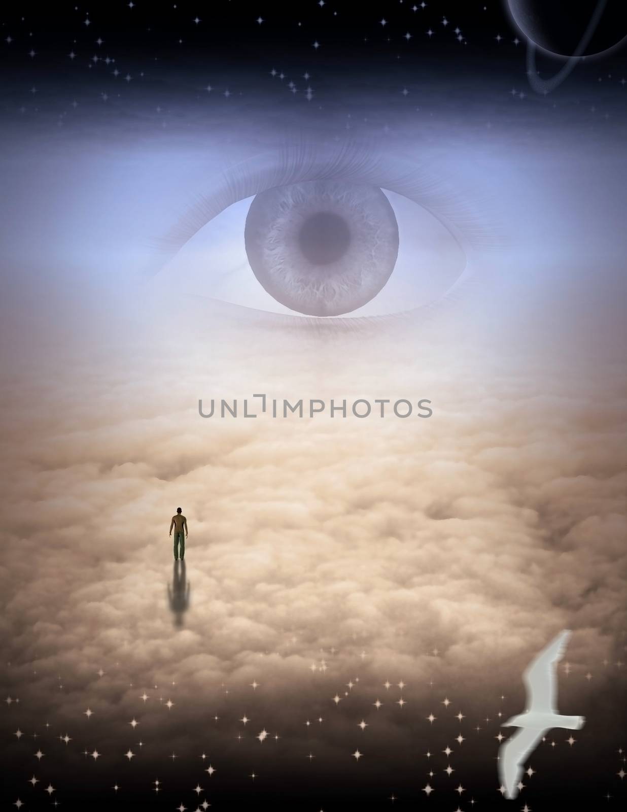 Journey of the Soul. Man in clouds, eye of God in the sky