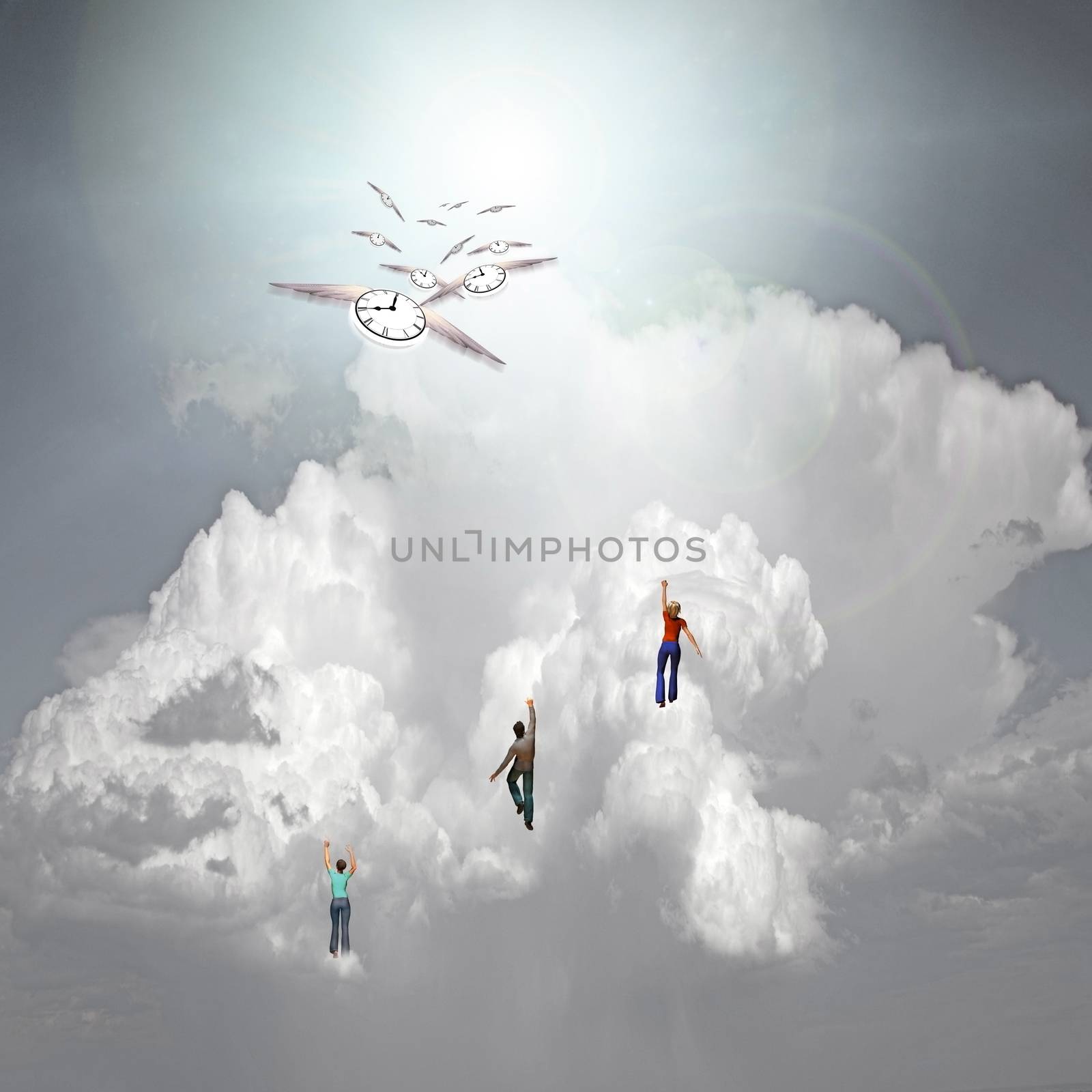 Climb to Success. People in clouds. Winged clocks represents flow of time