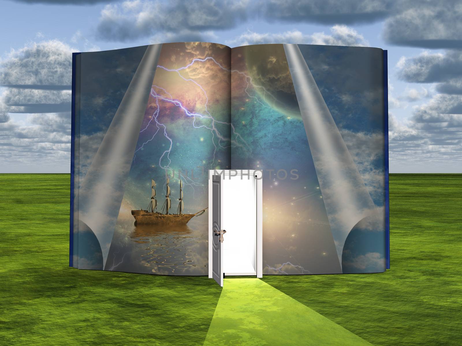 Book with science fiction scene and open doorway of light