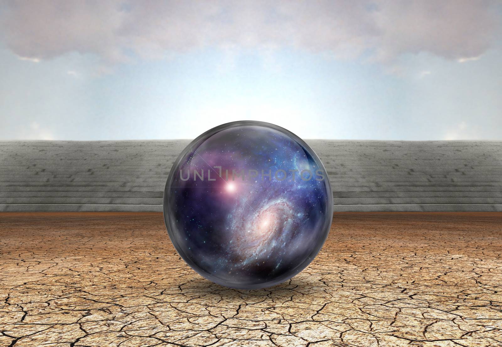 Surreal digital art. Universe in crystal ball