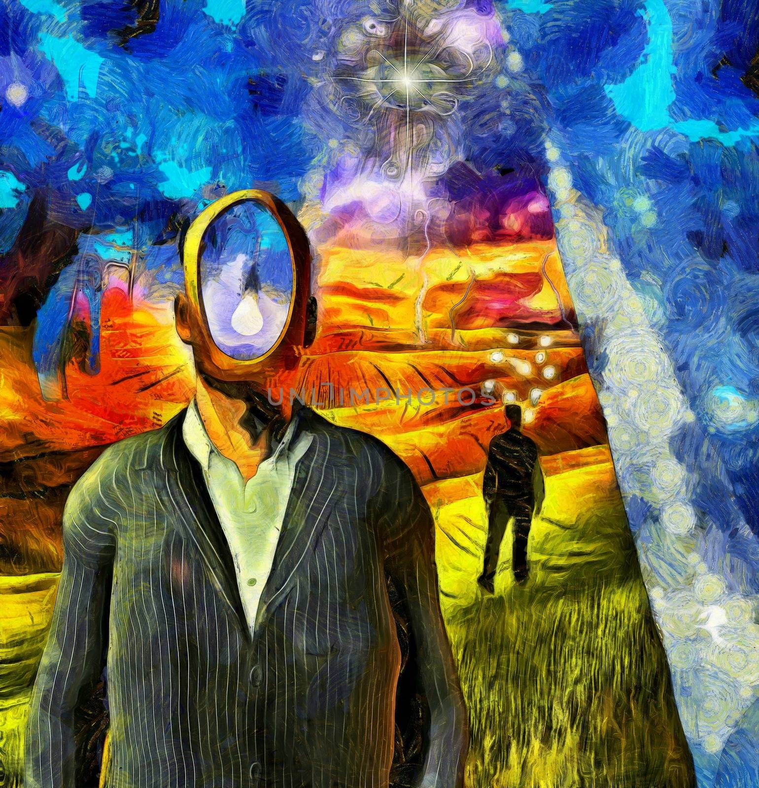 Surreal painting. Man in suit with empty head. Old tree with light bulb and ladder on a branch. God's eye in the sky. Businessman with light bulbs around his head stands in the field