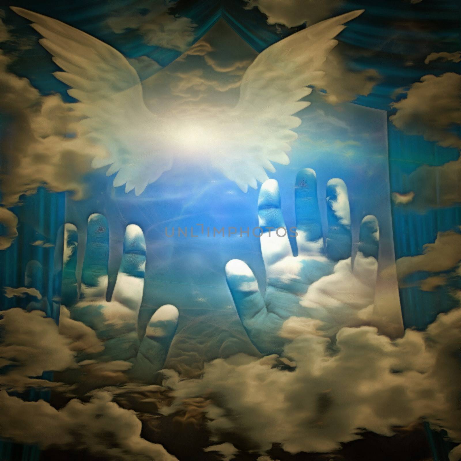 Surreal painting. Bright star with white wings in the sky. Human hands and curtains