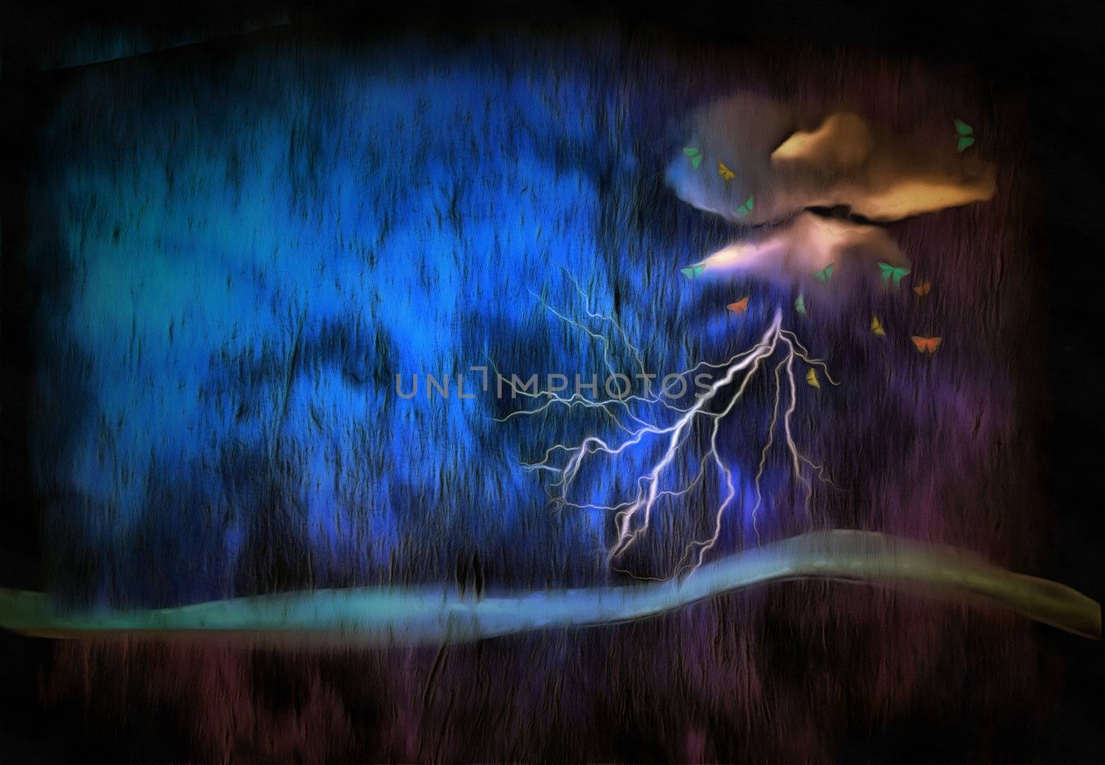 Storm with lightning. Butterflies fly around cloud.