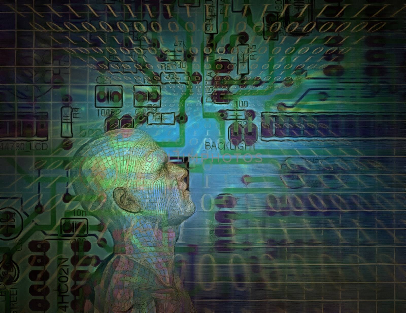 Droid on circuit pattern with binary code