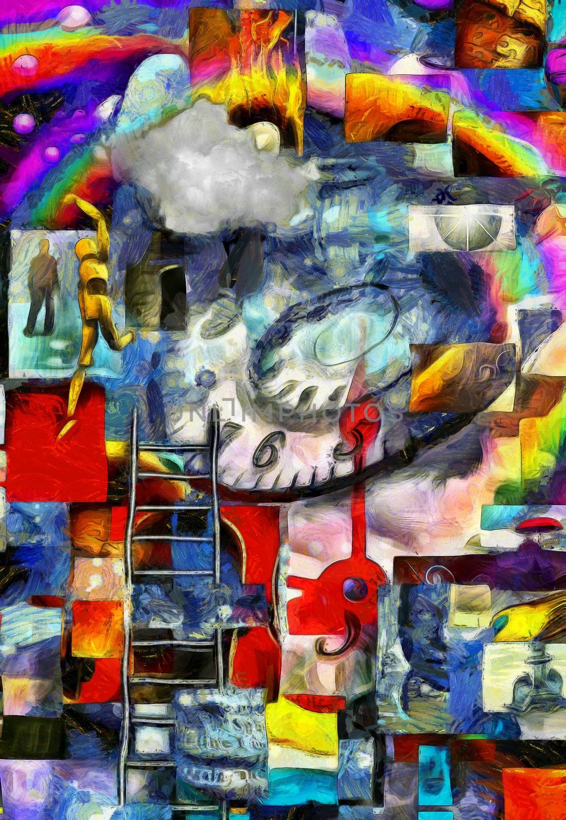 Complex surreal painting. Geometric elements, spiral of time, flames of fire and ladder. Elements of human consciousness