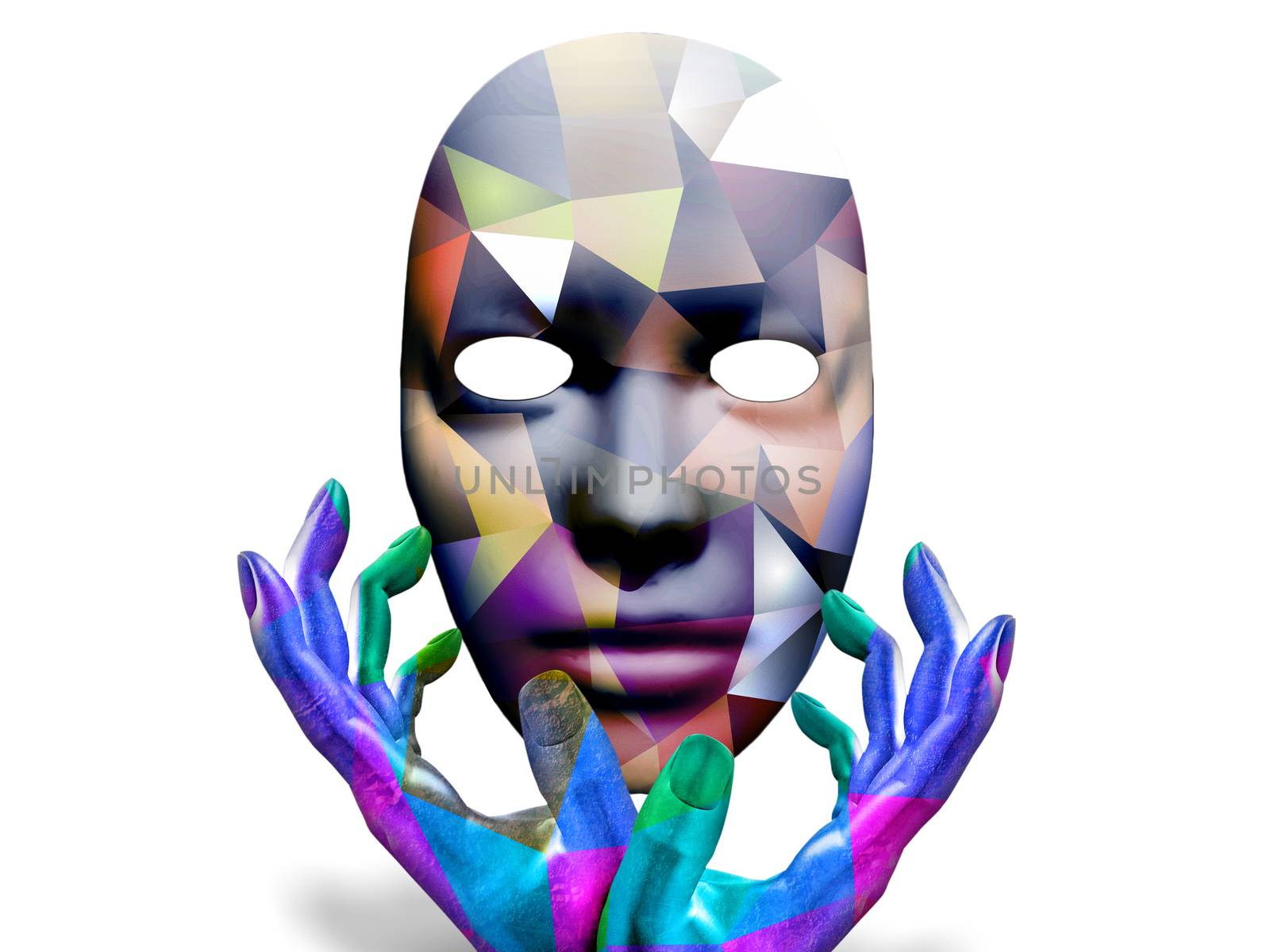 Mask with colorful kaleidoscopic pattern and human's hands