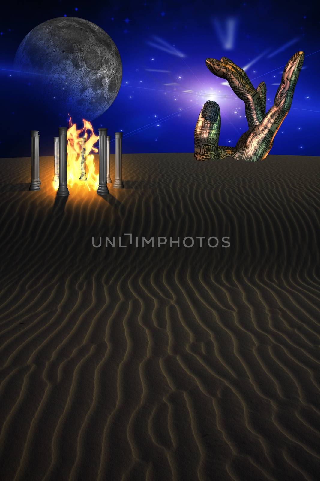 Desert Landscape with Hand Scultpture. Dreams of Fire