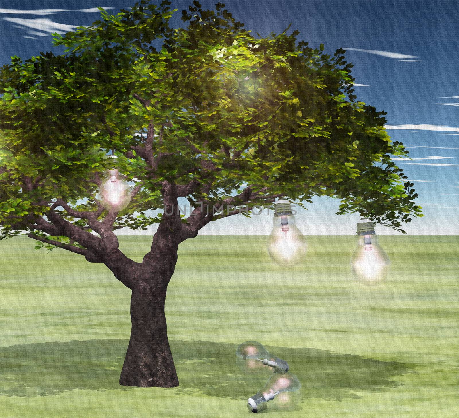 Surreal digital art. Green tree with light bulbs symbolizes knowledge and ideas