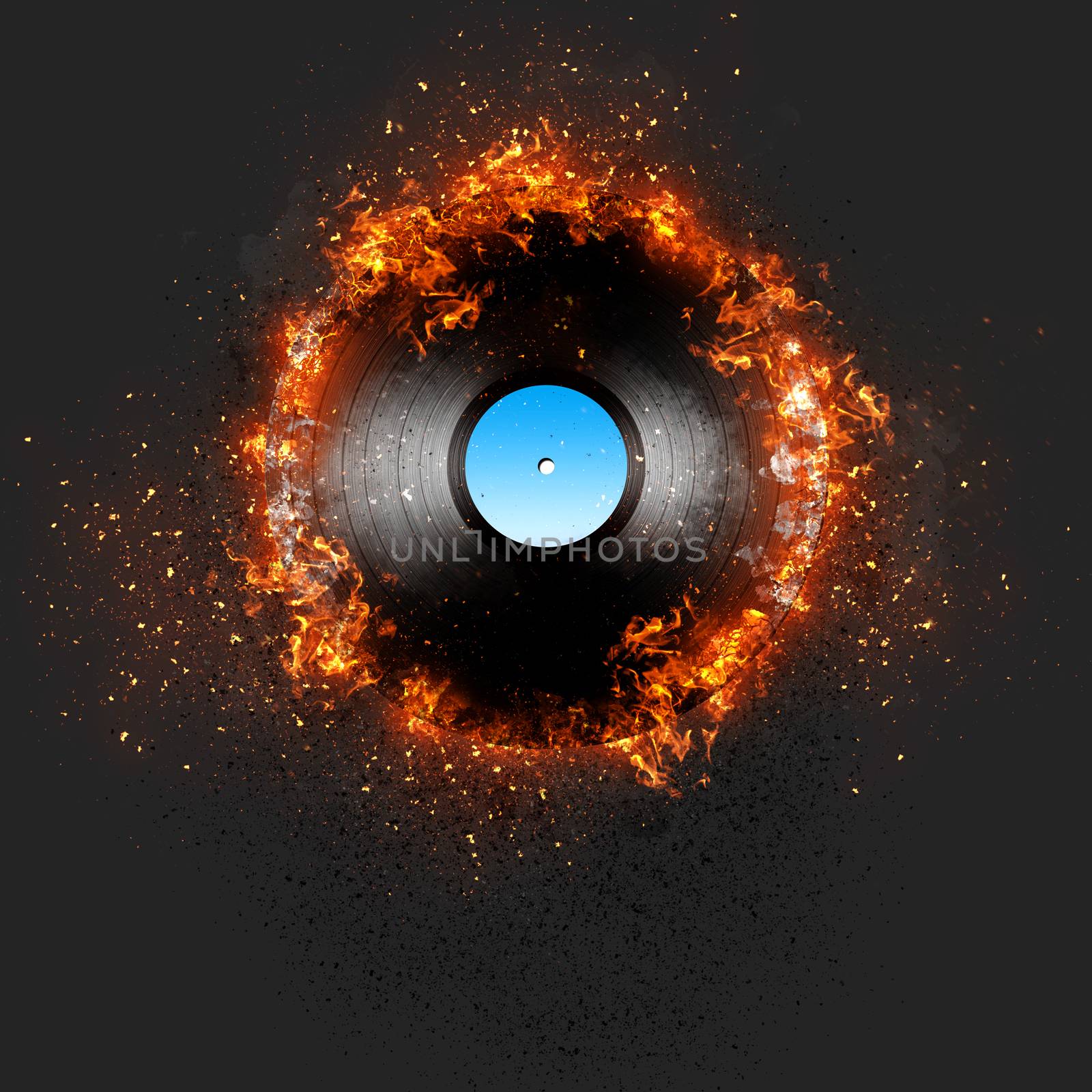 Burning vinyl record. 3D rendering