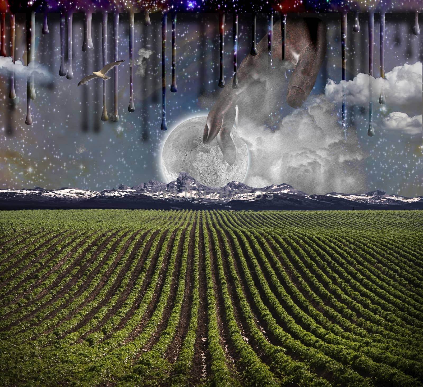 Surrealism. Field with green rows. Giant moon rises over the mountains. Another dimension flows down. Hand of God