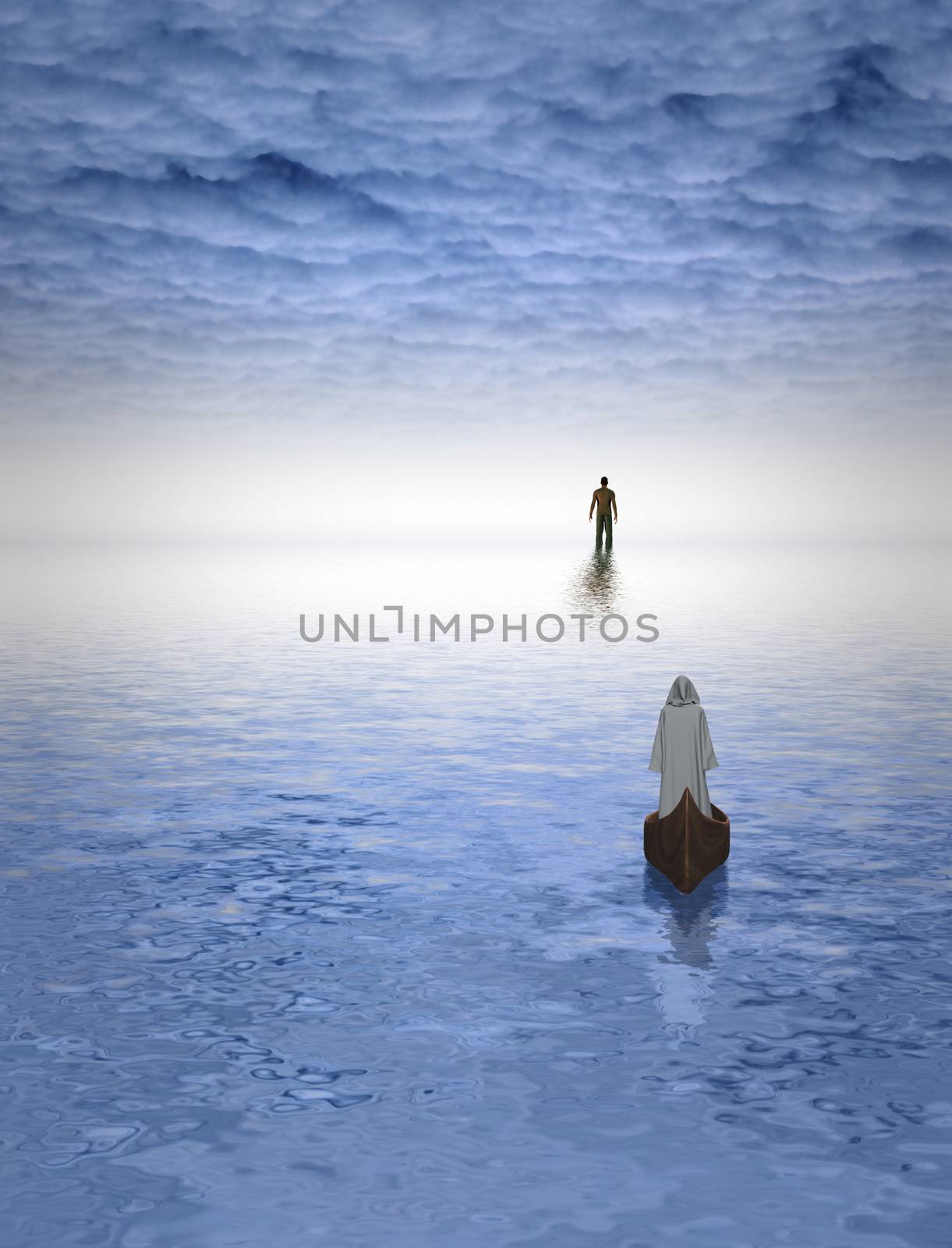 Man and monk in boats floats to bright horizon in the sky. Journey of souls