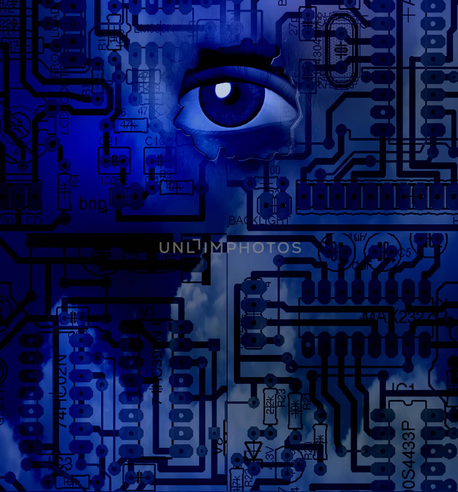 Circuit board and eye. 3D rendering