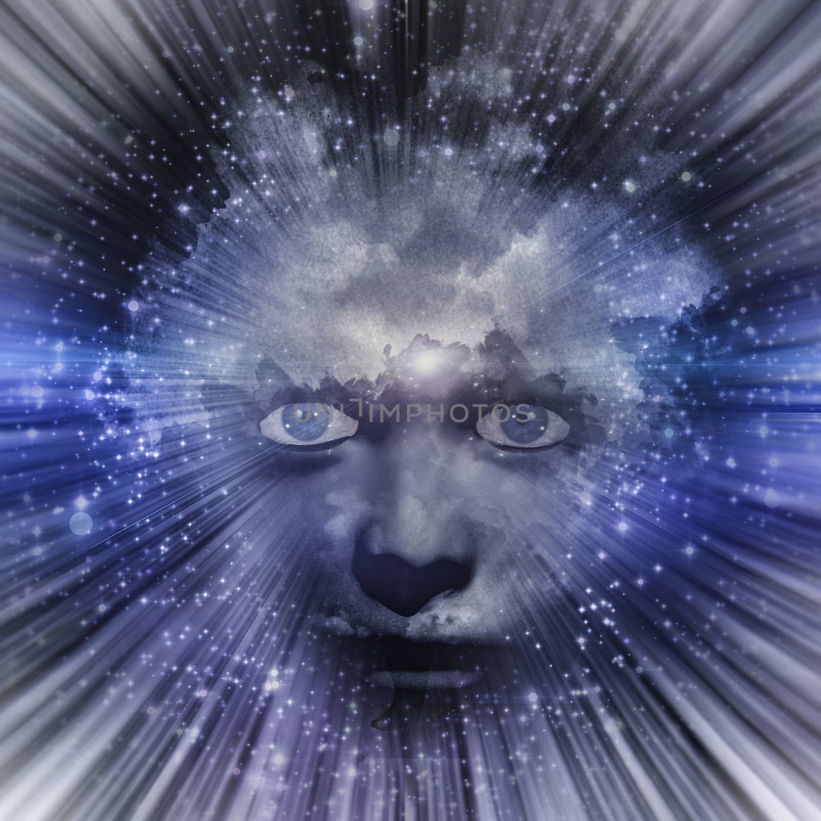 Human face with blue eyes  and clouds for hair is centered in radiating light rays and stars