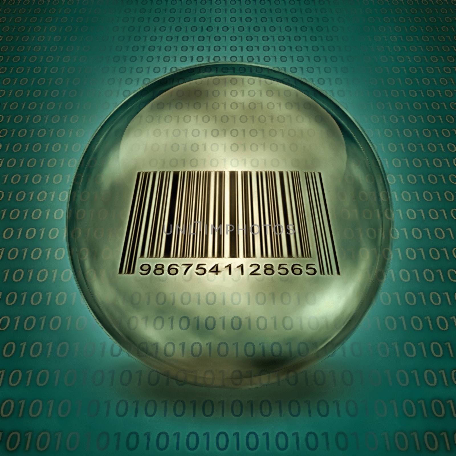 Crystal sphere with barcode inside. Binary code on a background