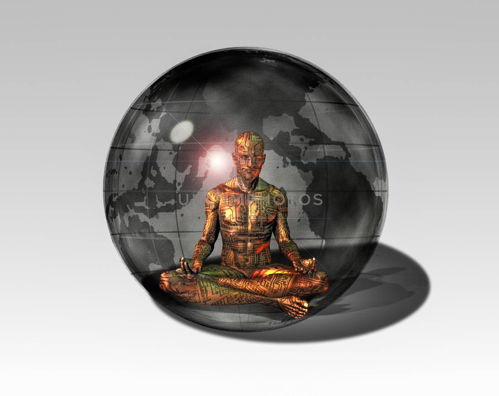 Cyborg meditates inside globe. 3D rendering