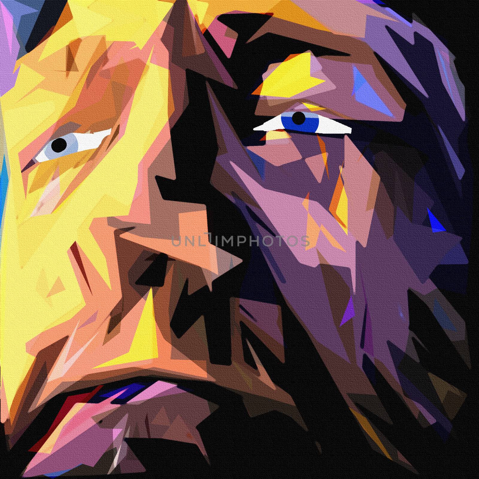 Abstract painting. Man's face in purple colors