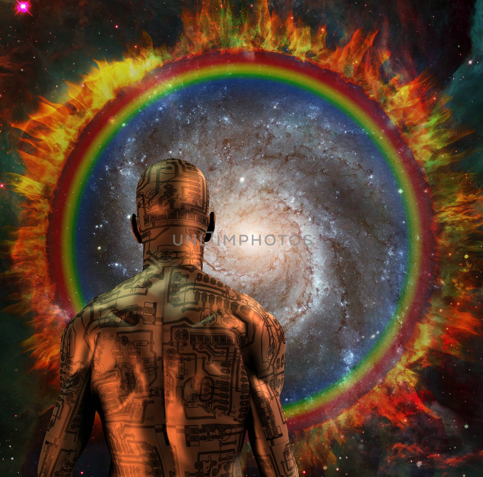 Cyborg before the space portal or wormhole
