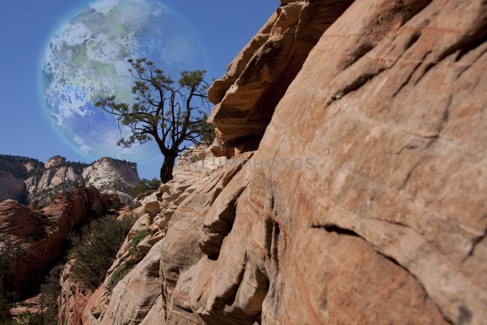 Fantastic. Red rock mountains. Terraformed moon in the sky. 3D rendering