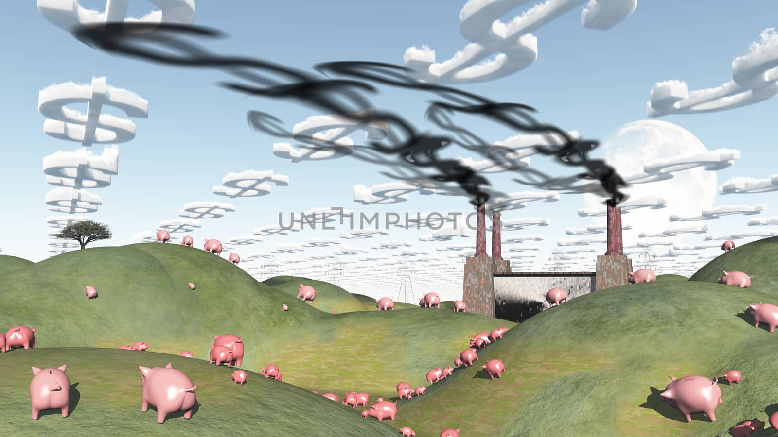 Surreal landscape with factory and pigs moviong toward factory