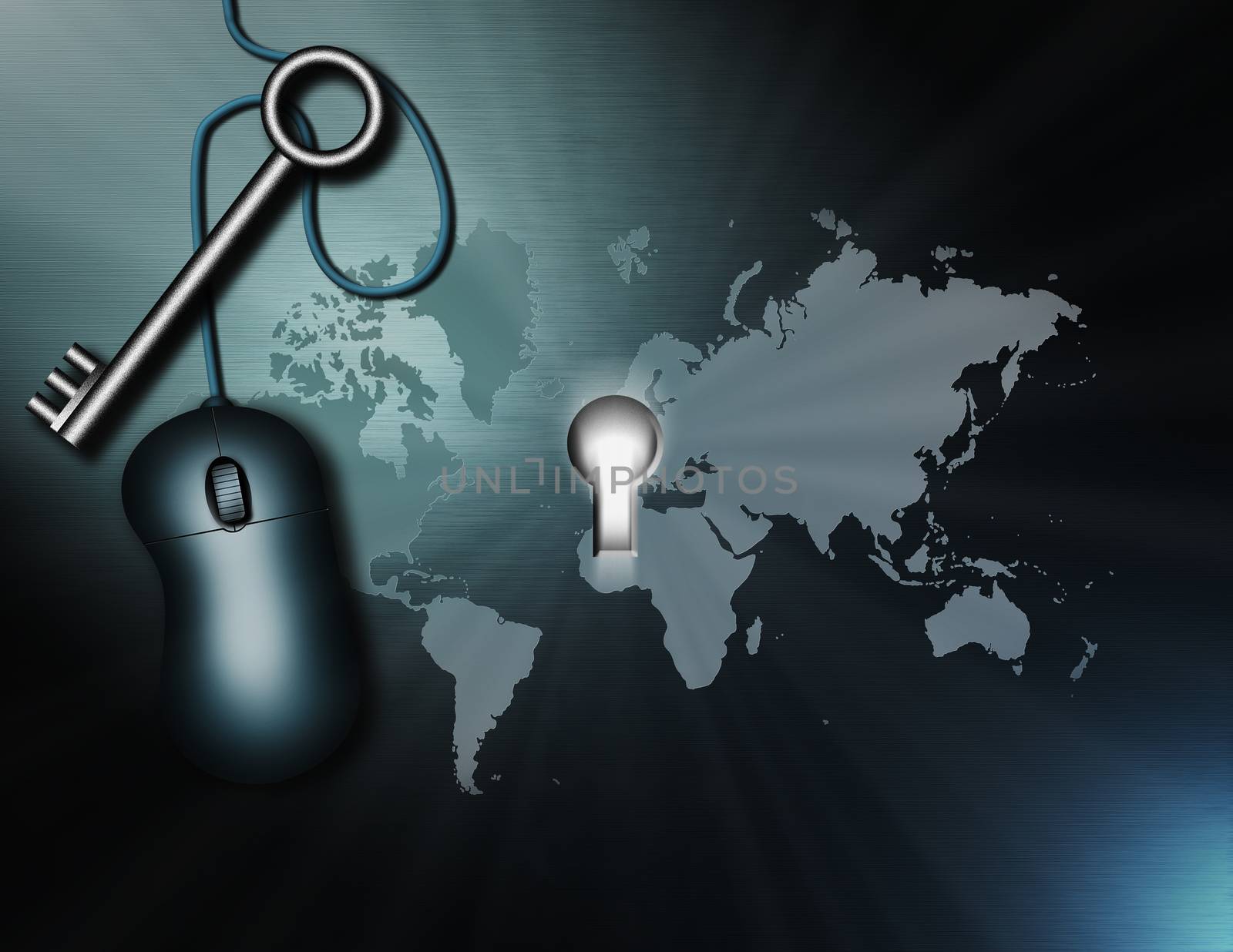 PC mouse and metal key. Key hole in world map