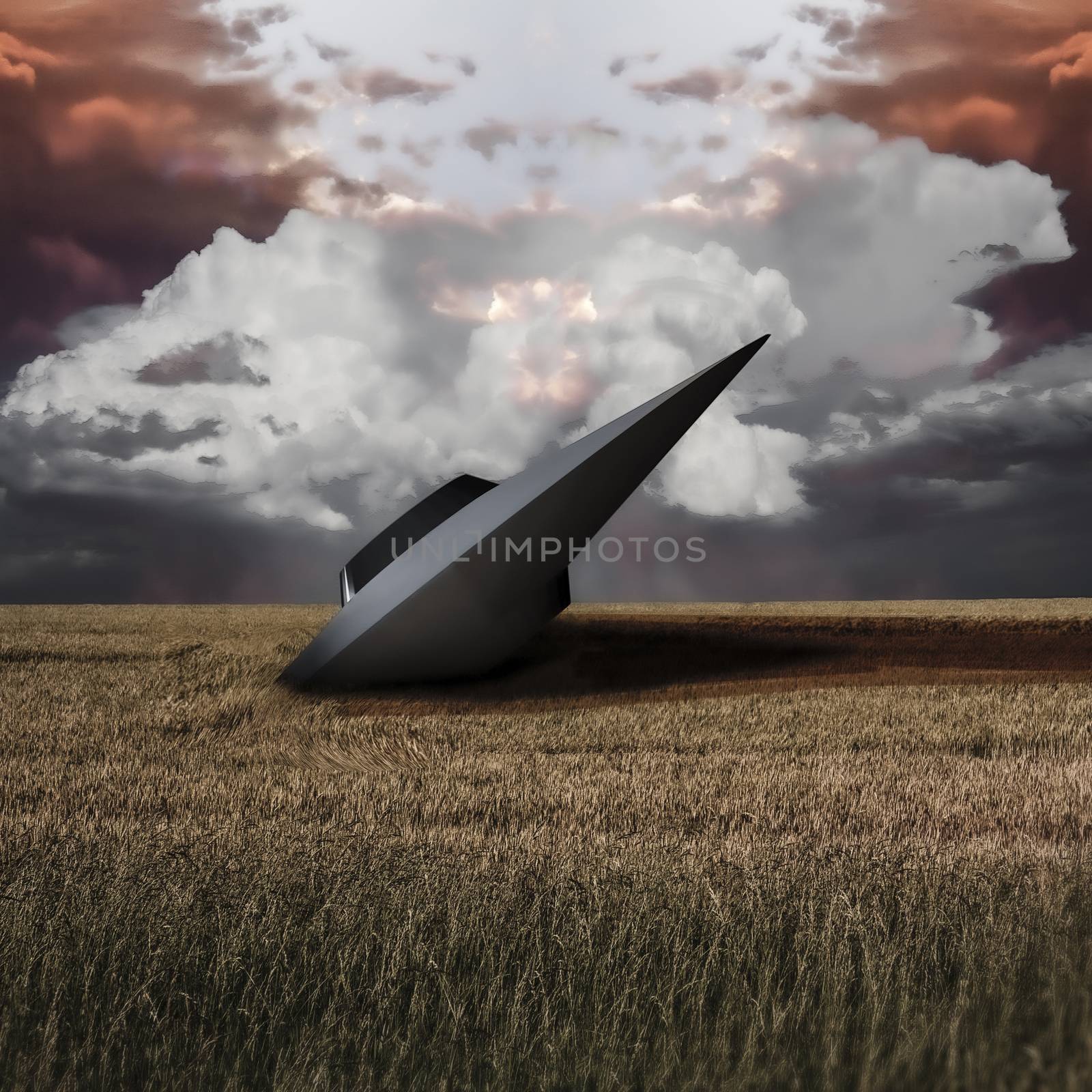 UFO wreck in the field of wheat. Retro Sci - fi