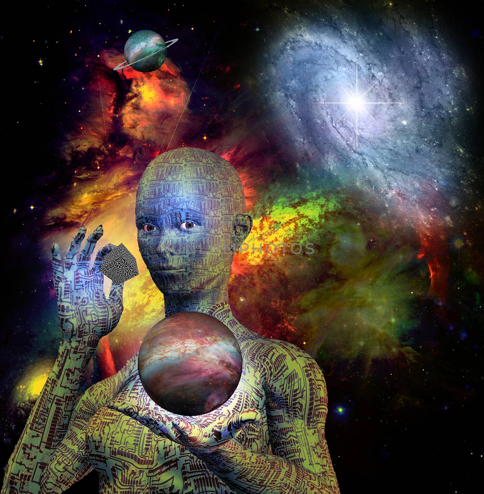 Cyborg woman controls planets and mystery cube