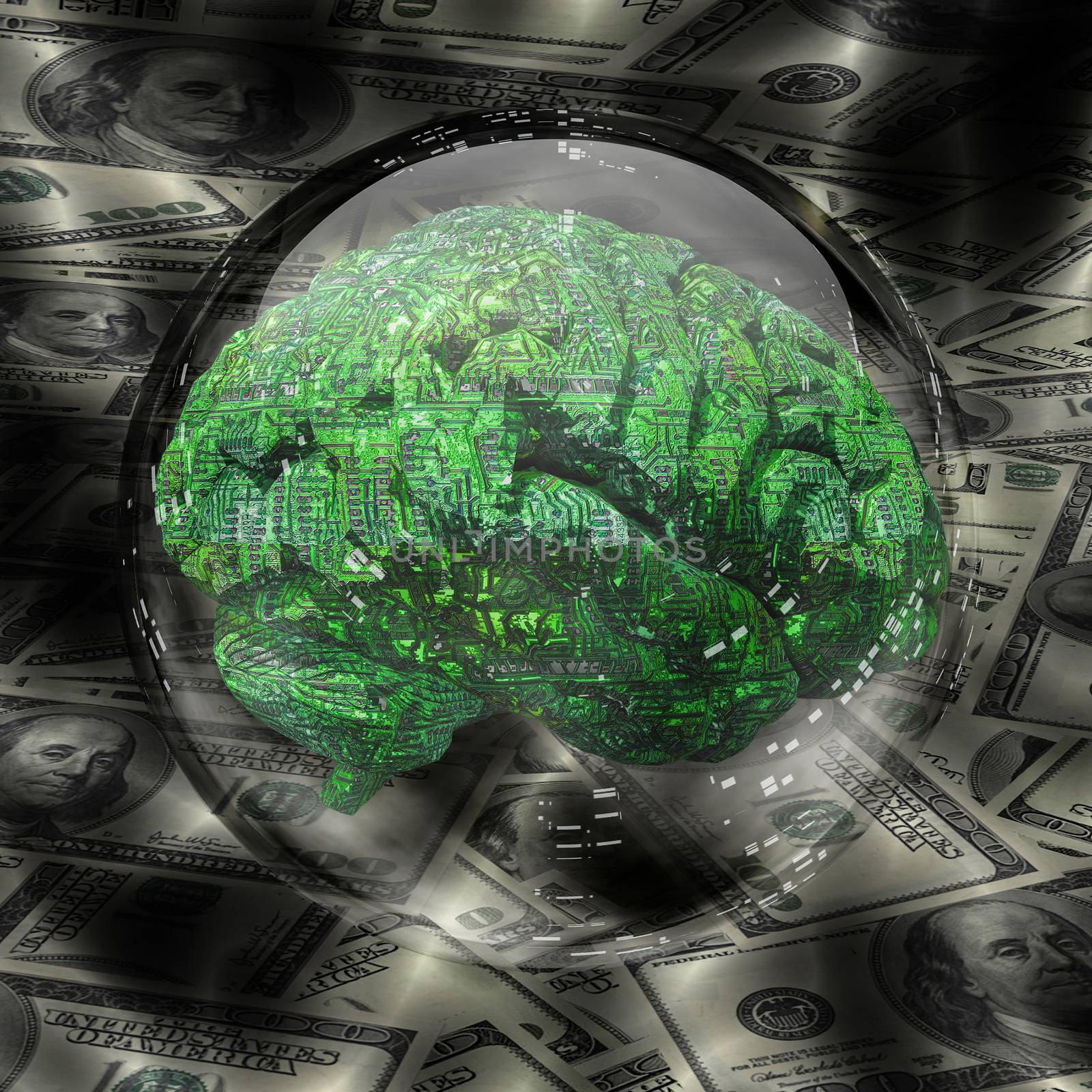 Electronic Brain in crystal sphere. US dollars background