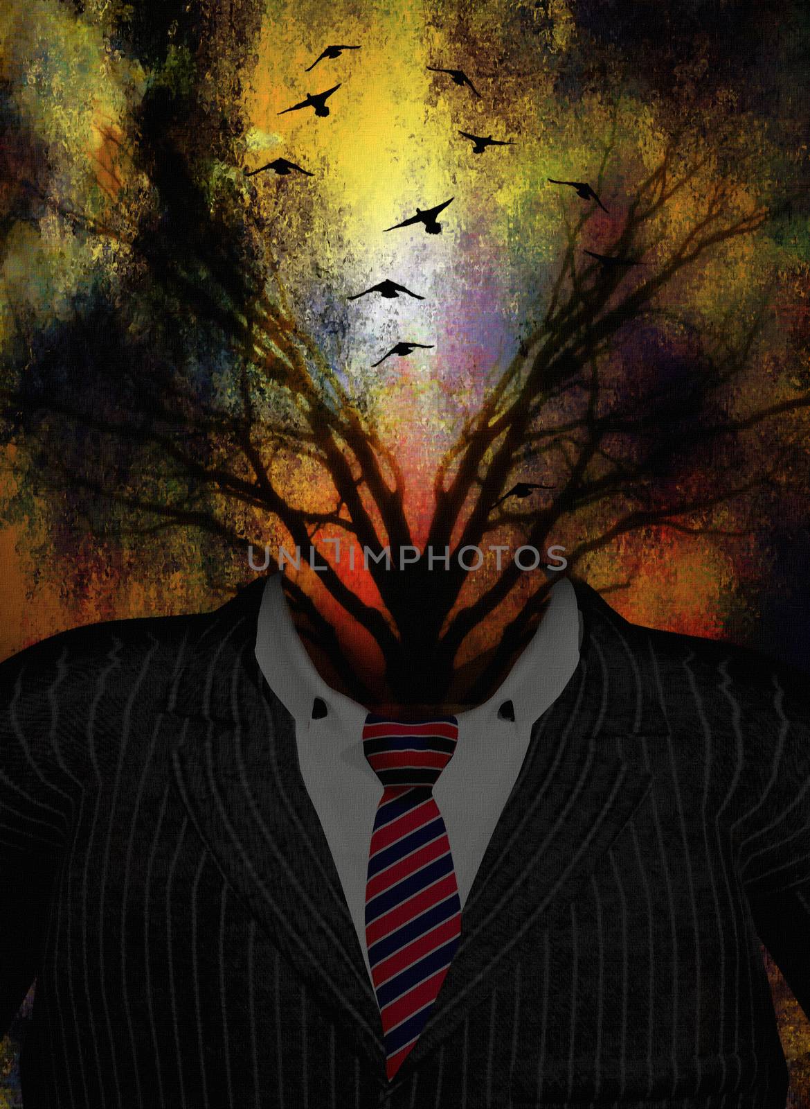 Metaphorical composition. Tree grows from business suit. Birds represents Hope