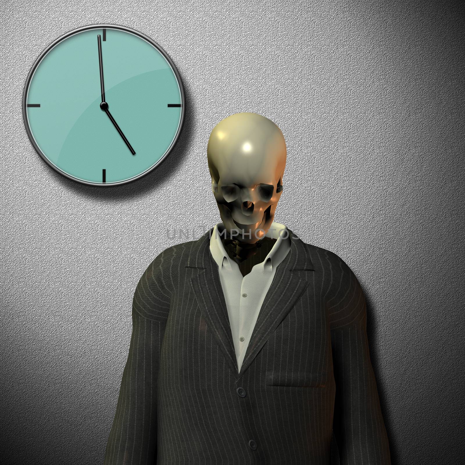 Ticking clock of life. Skeleton in suit