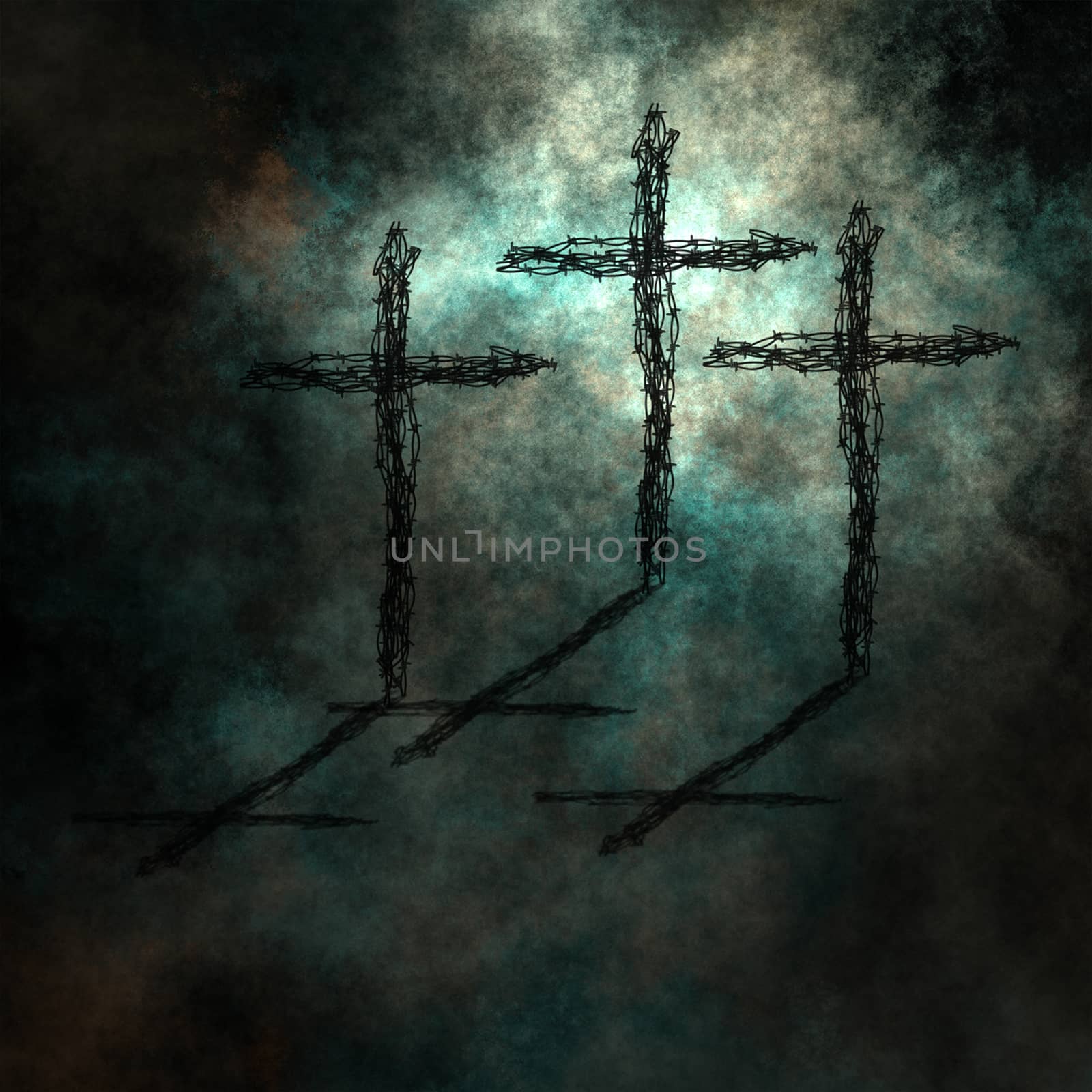Three Crosses made of barbed wire in dark scene